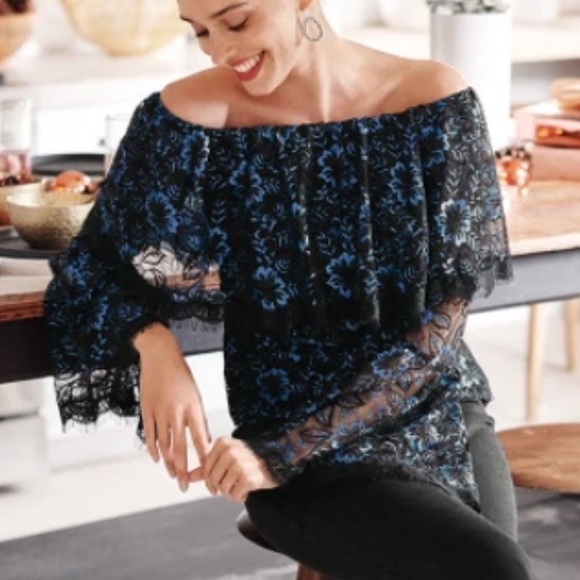 White House Black Market Navy Blue Black Lace Bell Sleeve Off The Shoulder Top - Picture 3 of 12